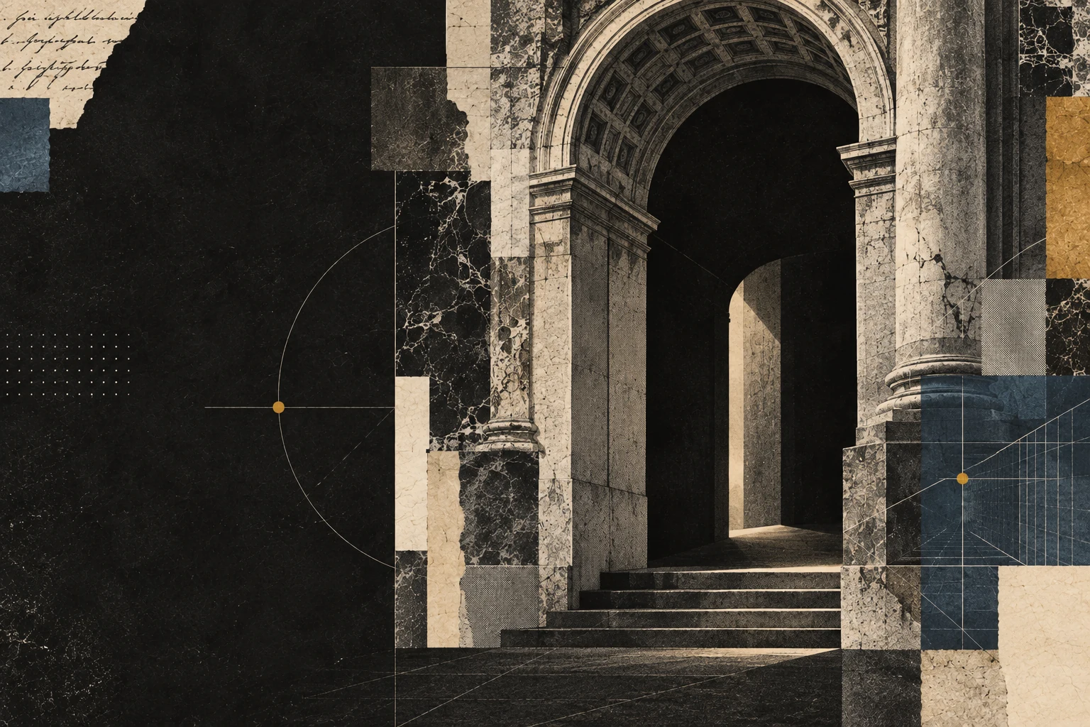 Stone archways assembled from engraved paper and architectural fragments