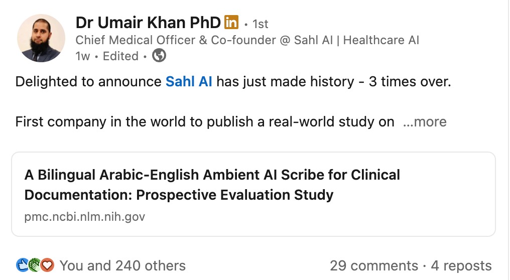 Dr Umair Khan LinkedIn post